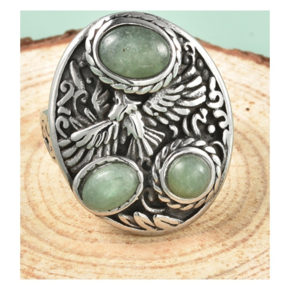 Green Aventurine Bald Eagle Ring Pure White Stainless Steel